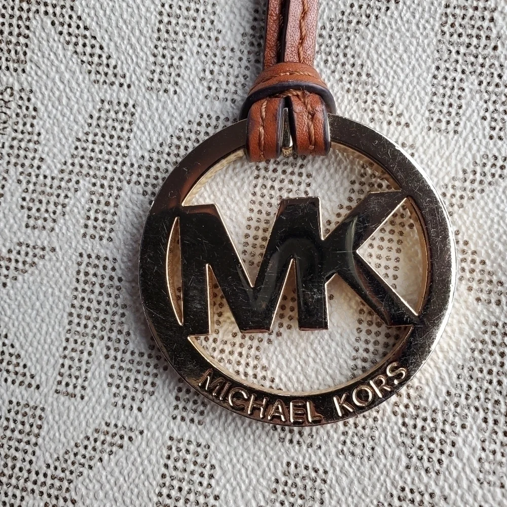 Michael Kors Jet Set Large Logo Leather Gathered Brown Vanilla Tote Purse 15
